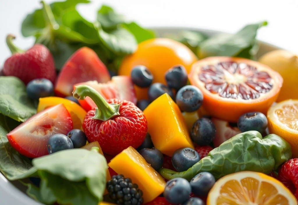 Talerz pełen świeżych owoców i warzyw, symbolizujący zdrową dietę bogatą w witaminy.