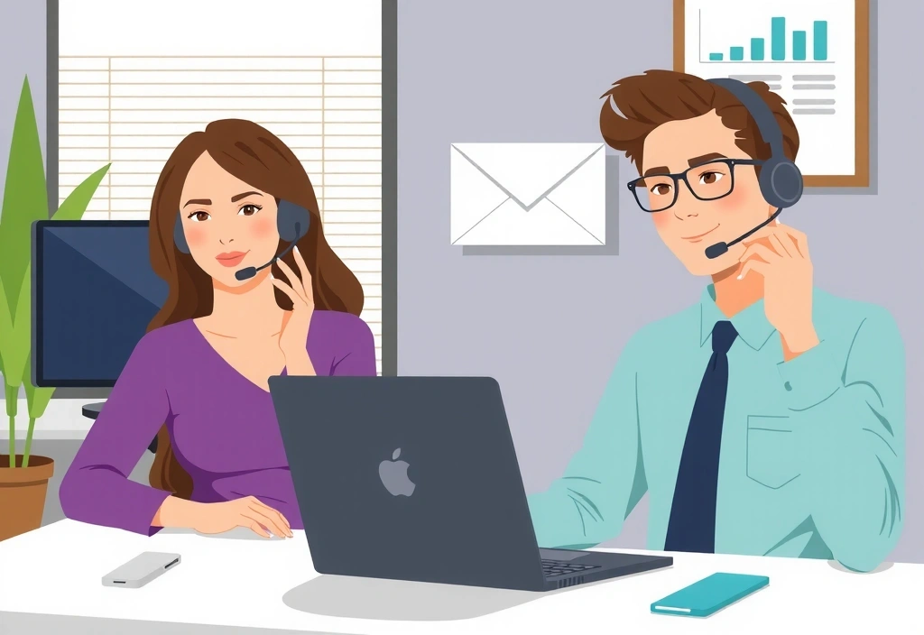 Ilustracja przedstawiająca zespół wsparcia klienta odbierający telefony i odpowiadający na e-maile w nowoczesnym biurze.