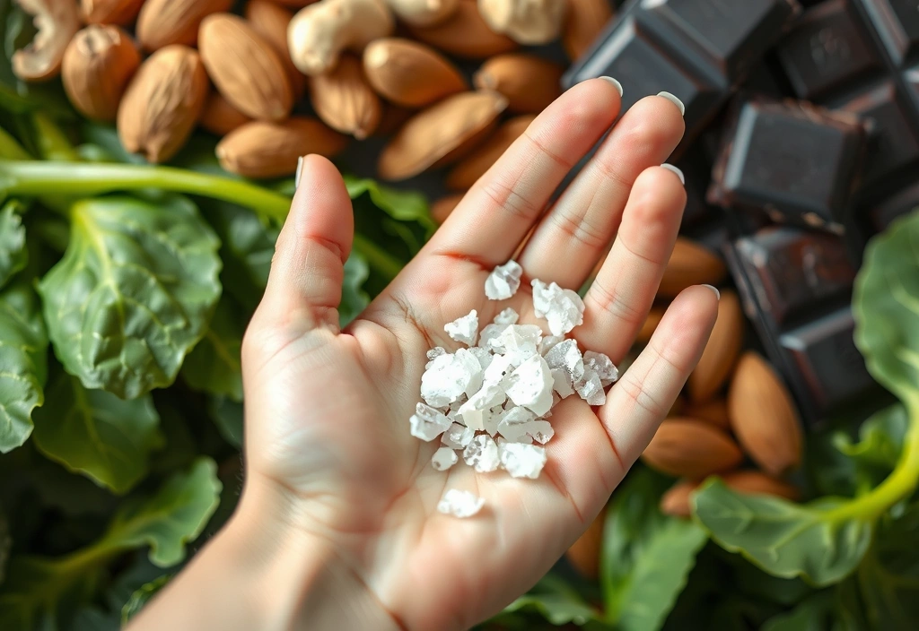 Ręka trzymająca ziarna magnezu na tle zielonych warzyw liściastych i orzechów