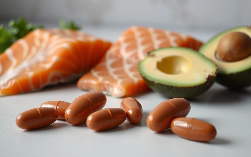 Kapsułki omega-3 na tle świeżych ryb i awokado, podkreślające zdrowe tłuszcze.