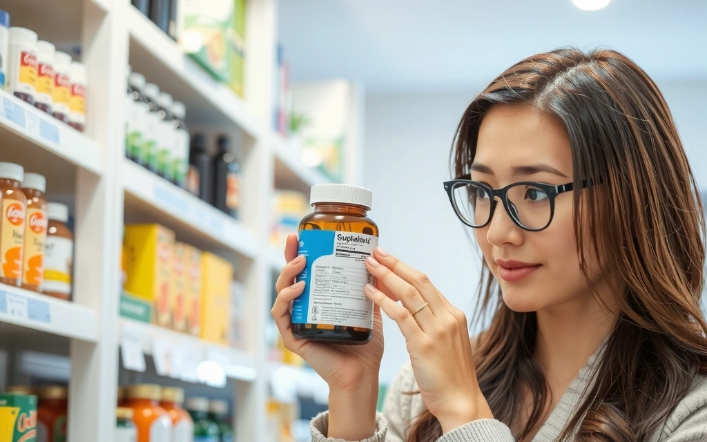 Kobieta czytająca etykietę suplementu diety, symbolizująca świadomy wybór i analizę składu.
