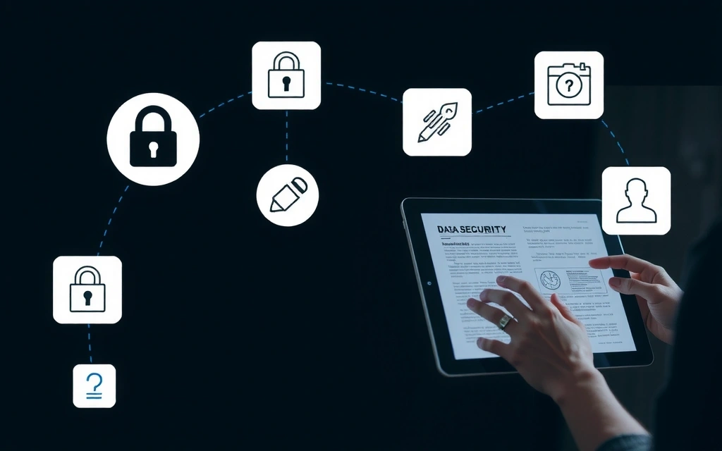 Ilustracja przedstawiająca użytkownika czytającego cyfrową książkę lub dokument, z ikonami prywatności i bezpieczeństwa unoszącymi się wokół.