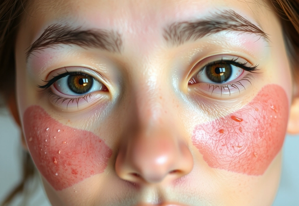 Osoba z wyraźnymi oznakami suchej, łuszczącej się skóry i zmęczonych oczu, symbolizująca niedobór witaminy A.