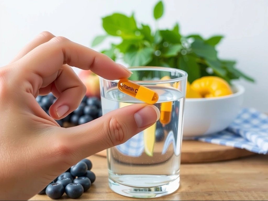 Ręka trzymająca kapsułkę z witaminą C nad szklanką wody, z rozmytym tłem świeżych owoców, symbolizująca suplementację jako uzupełnienie diety.