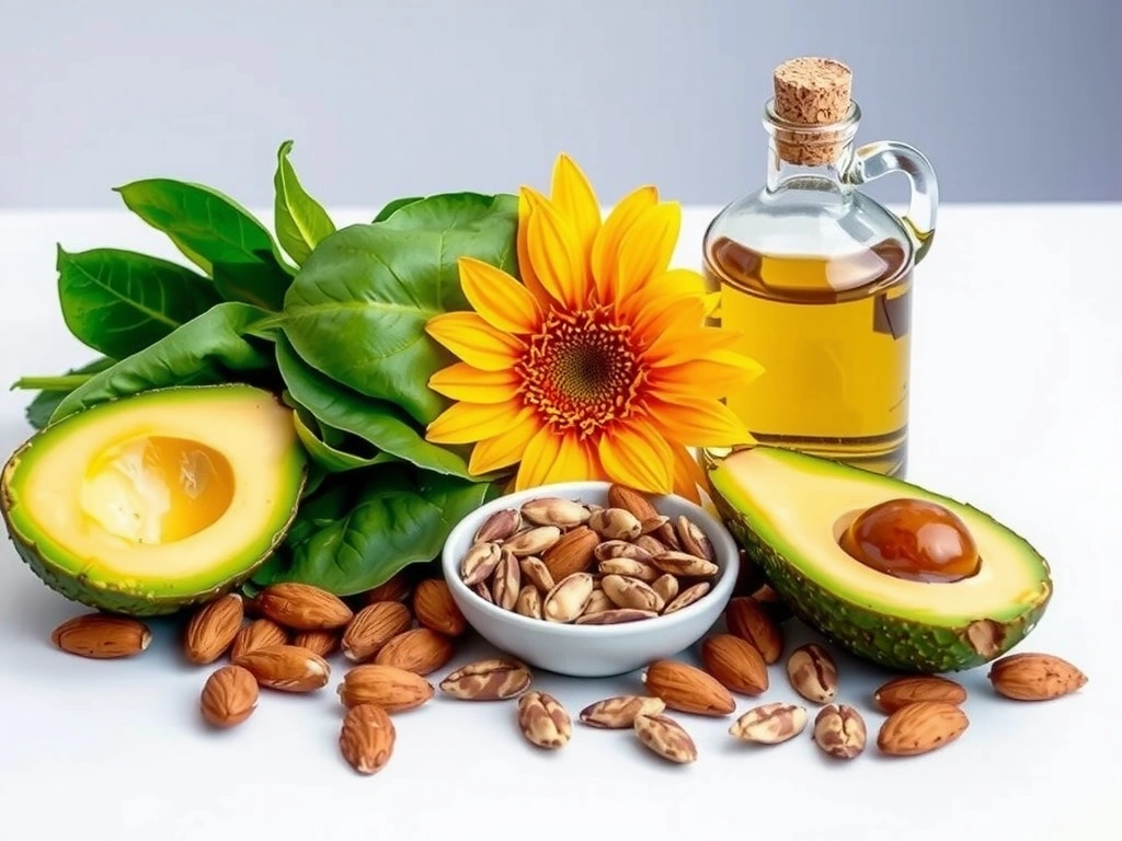 Różnorodne źródła Witaminymineralyzdrowies E, w tym orzechy, nasiona, awokado i oleje roślinne