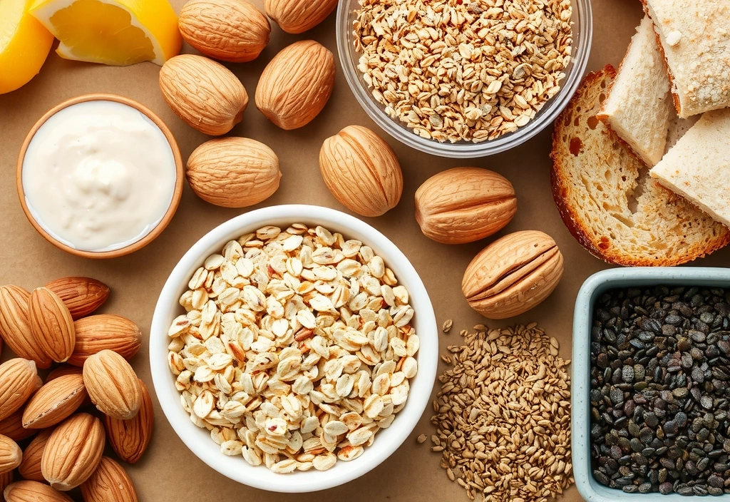 Różnorodne produkty pełnoziarniste, orzechy i nasiona