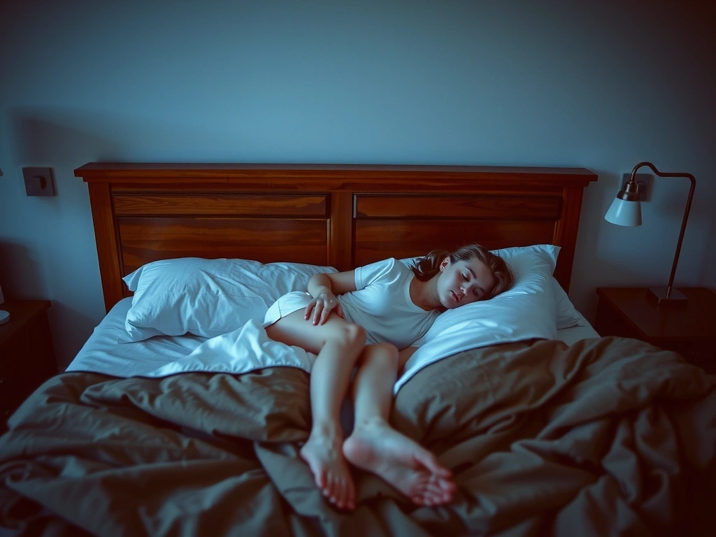 Spokojna sypialnia z osobą śpiącą w łóżku, otoczoną kojącymi kolorami.