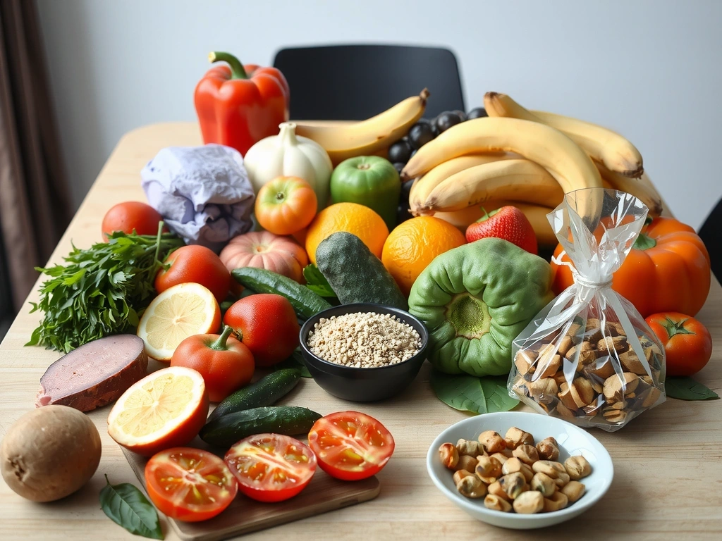 Stół pełen świeżych owoców, warzyw, pełnoziarnistych produktów i zdrowych tłuszczów.