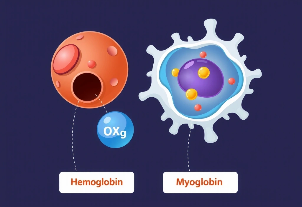 Ilustracja czerwonej krwinki z hemoglobiną transportującą cząsteczki tlenu, oraz komórki mięśniowej z mioglobiną.