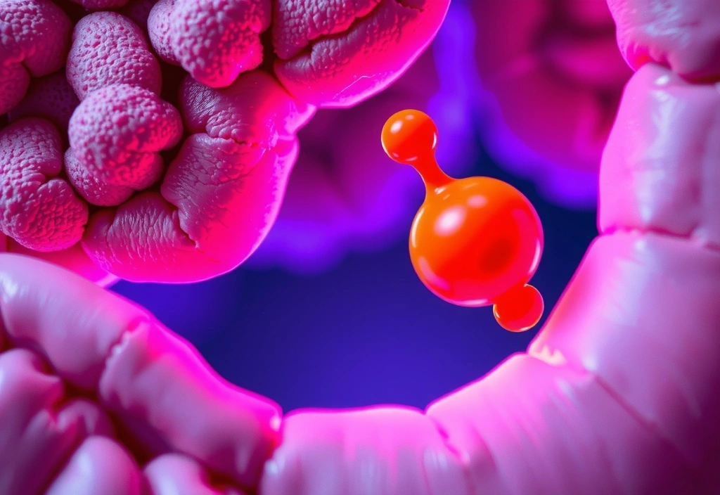 Mikroskopijny widok kosmków jelitowych, z cząsteczkami żelaza wchłanianymi do krwiobiegu.