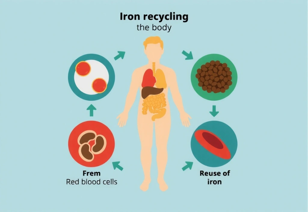 Schemat recyklingu żelaza w organizmie, pokazujący rozkład czerwonych krwinek i ponowne wykorzystanie żelaza.